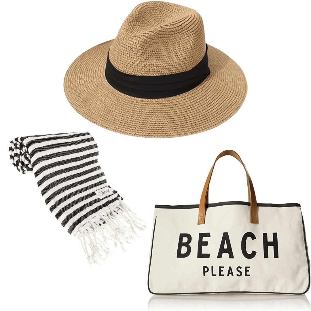 Beach bag. striped beach blanket, and straw hat 