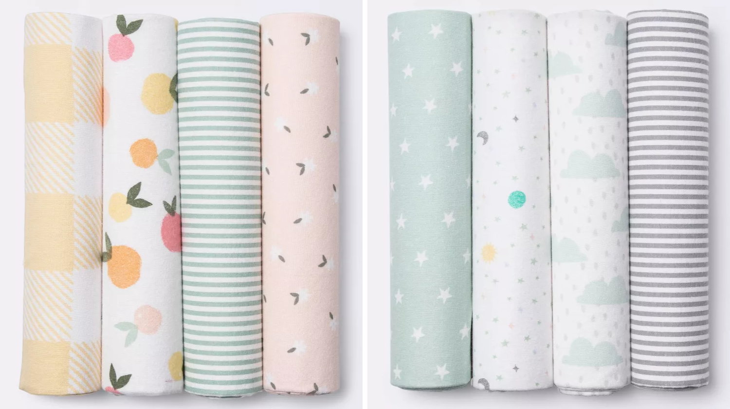 Six rolled fabric swatches are displayed vertically as perfect NICU gifts. The patterns include yellow checkered, fruit design, green stripes, pink with small leaves, green with white stars, and gray with clouds. Each swatch features a distinct pastel color scheme ideal for soothing environments.