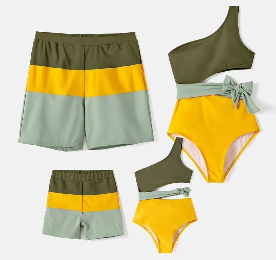 Multi-colored color block matching family swimsuits 