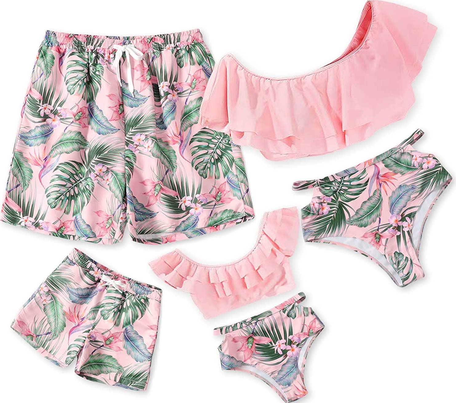 Pink and green floral print matching family swimsuits 