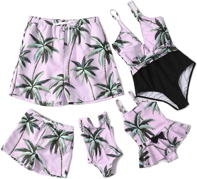 pink palm tree family matching swimsuits