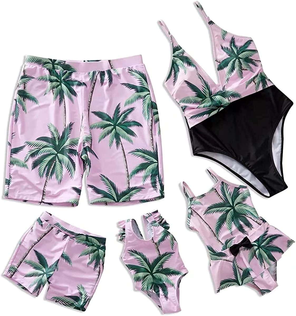 Pink palm tree print matching family swimsuits 