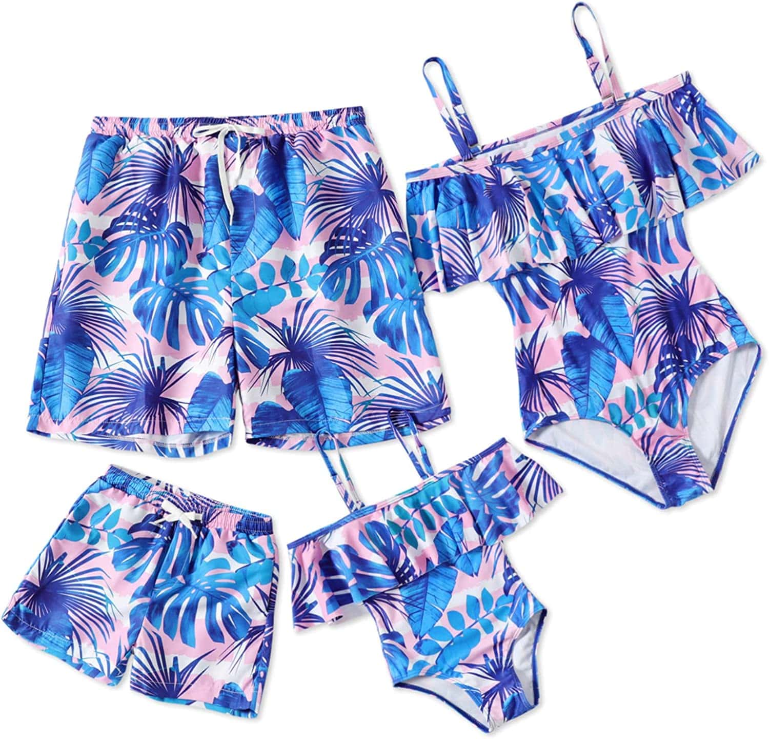 Blue and pink floral matching family swimsuits 
