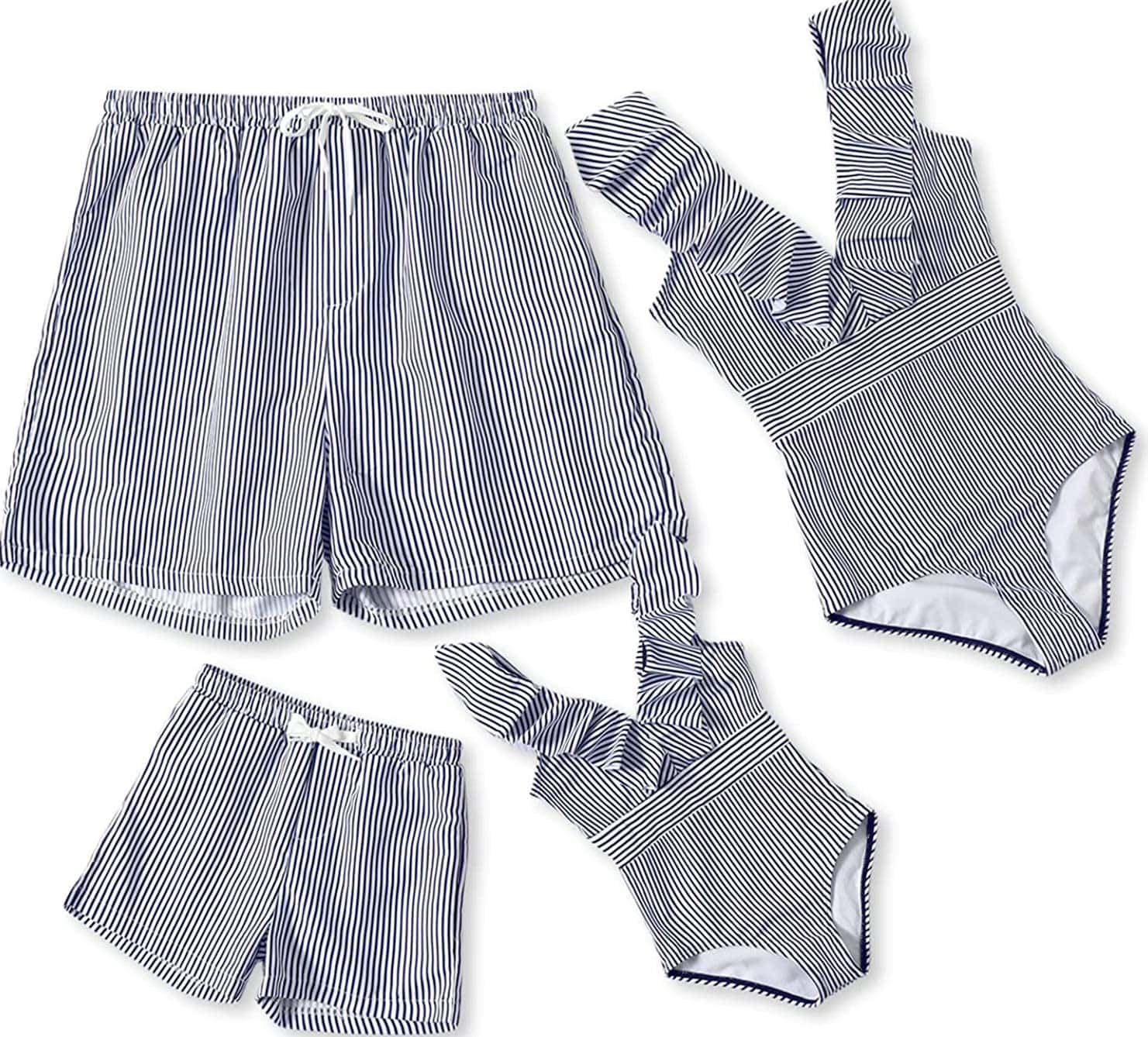Blue and white stripe matching family swimsuits 