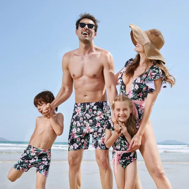 pink and black floral swimsuit family