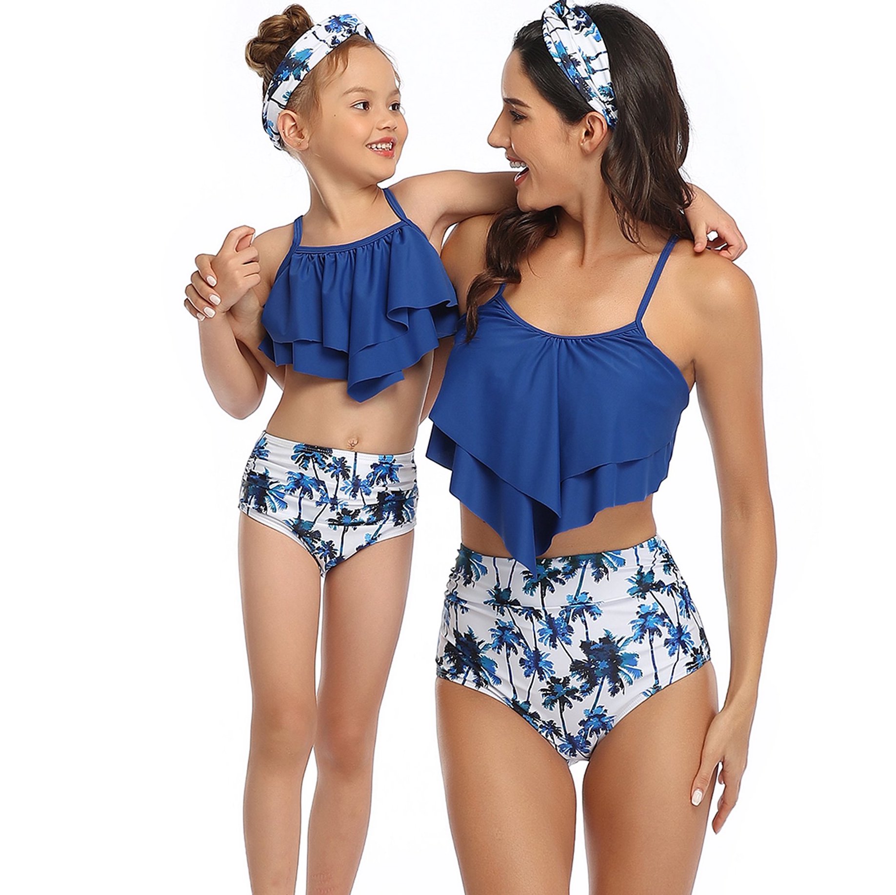 Blue palm tree print matching family swimsuits 
