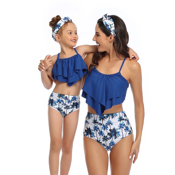 Female Women Swimsuit Mother-Daughter Matching Outfit ruffle Halter Top+bottom