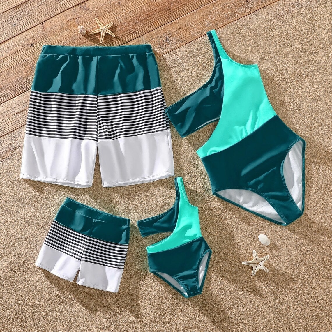 turquoise striped family swimsuits