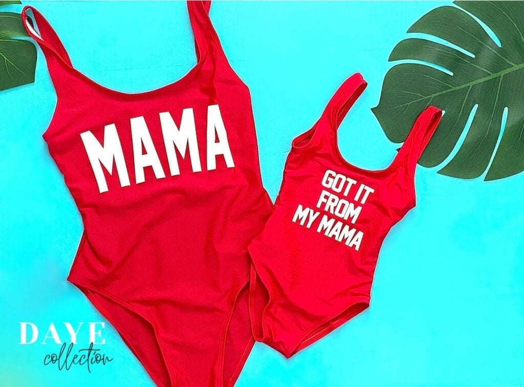 Red matching swimsuits for mom and baby 