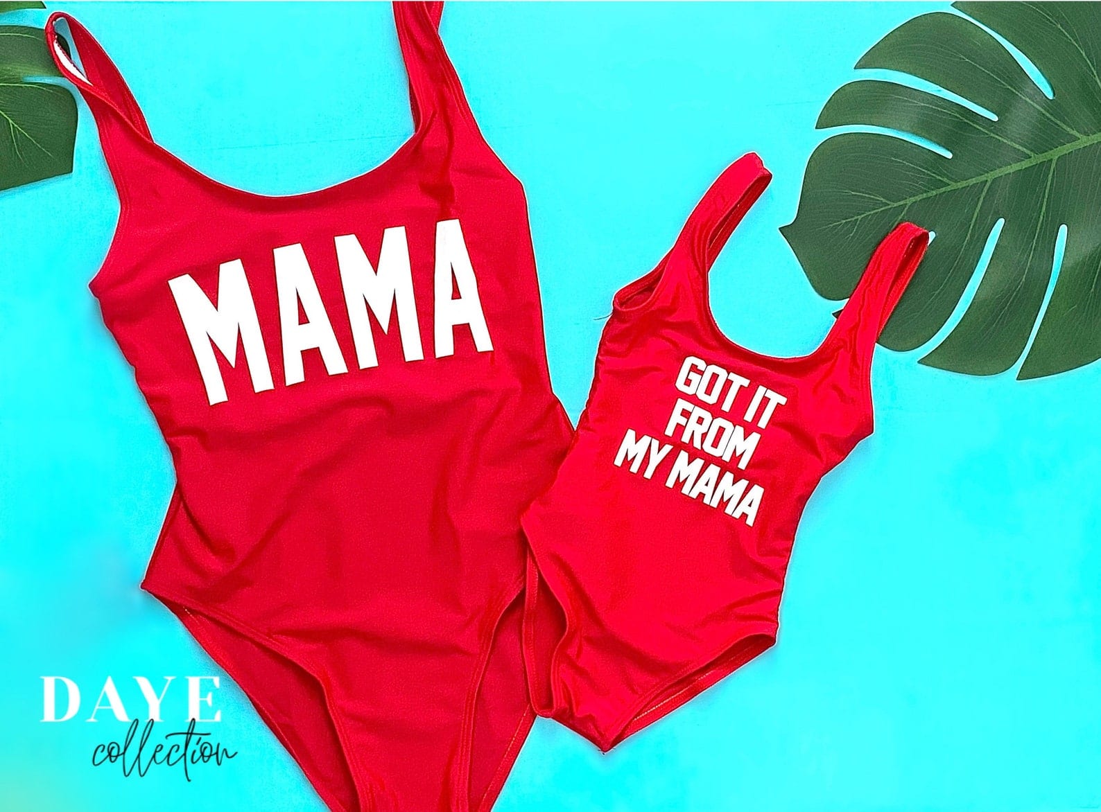Red matching swimsuits for mom and baby 