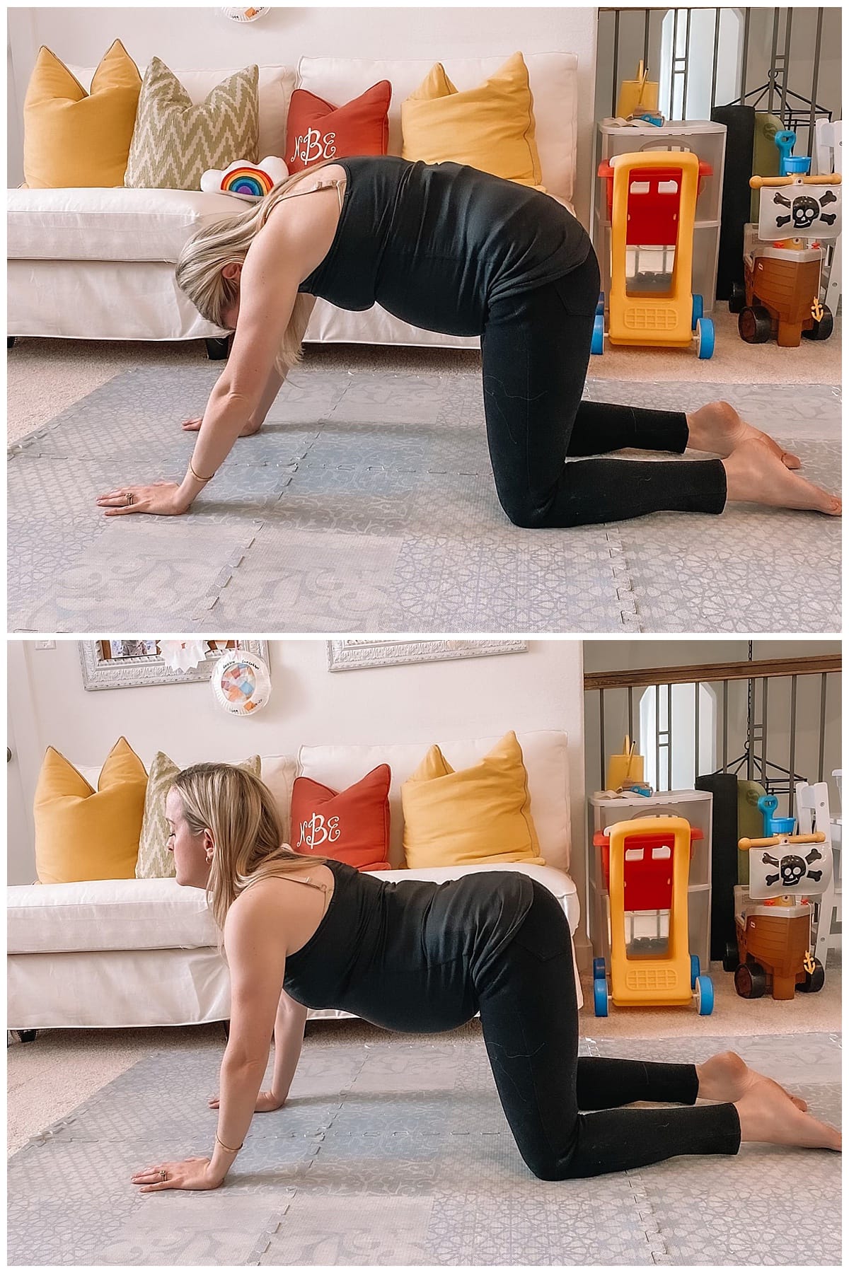 Pregnant woman doing a cat/cow stretch for lower back pain.