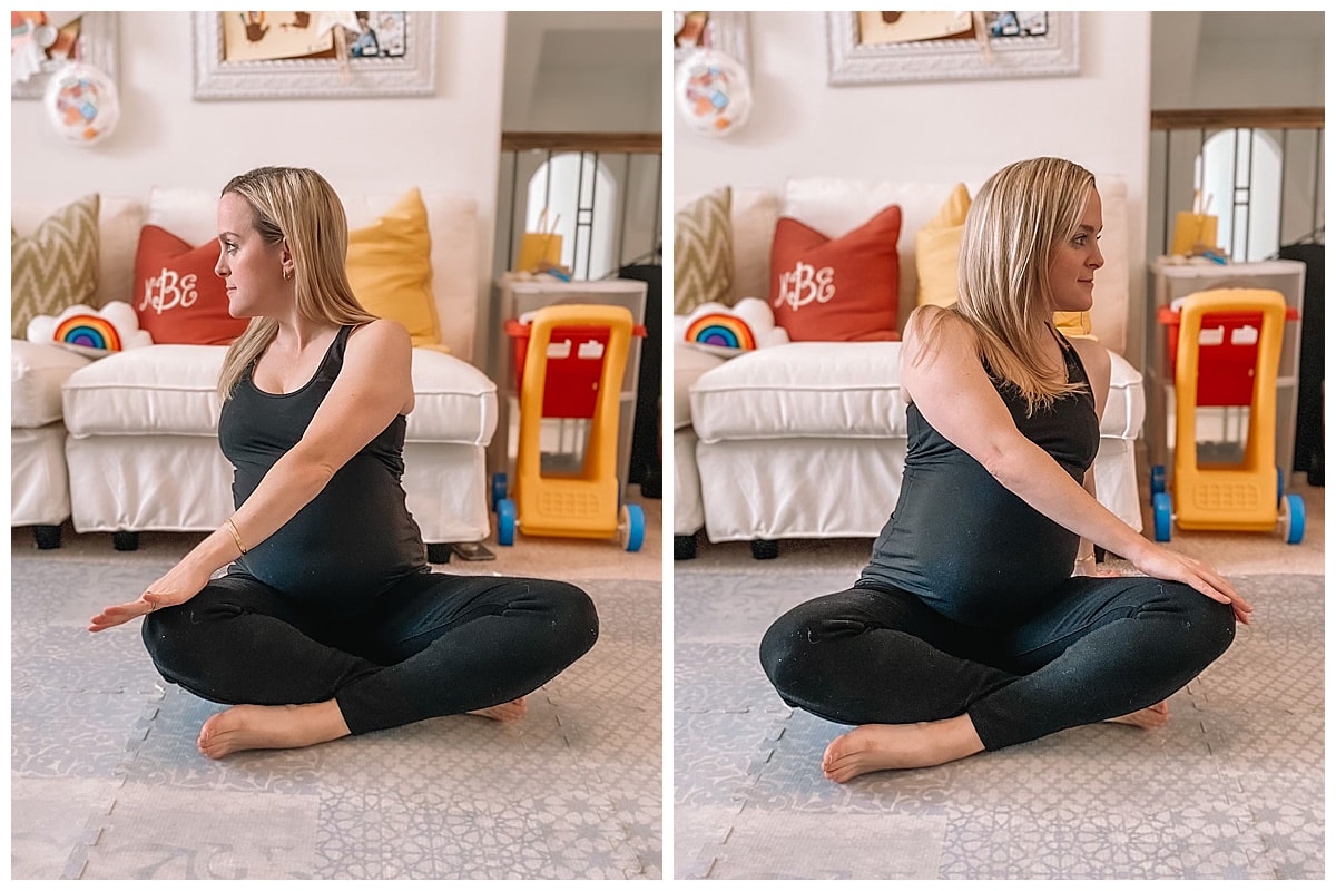 Pregnant woman doing torso rotation stretch to help lower back.