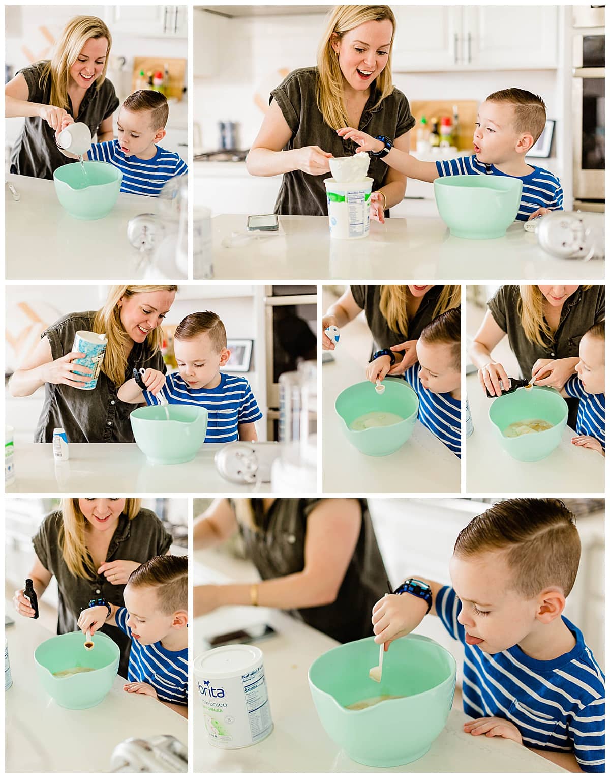 Mother and son adding ingredients into a bowl to make vanilla ice cream.