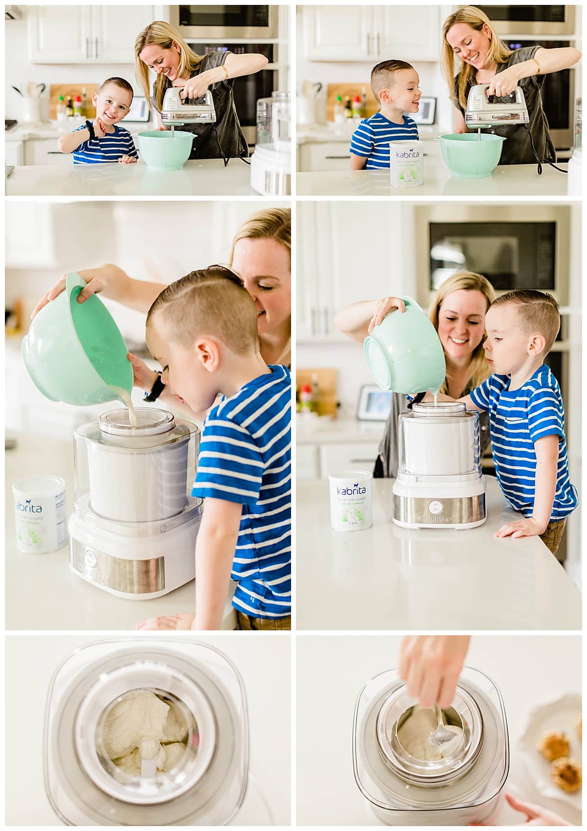 Mother and son making homemade vanilla ice cream.