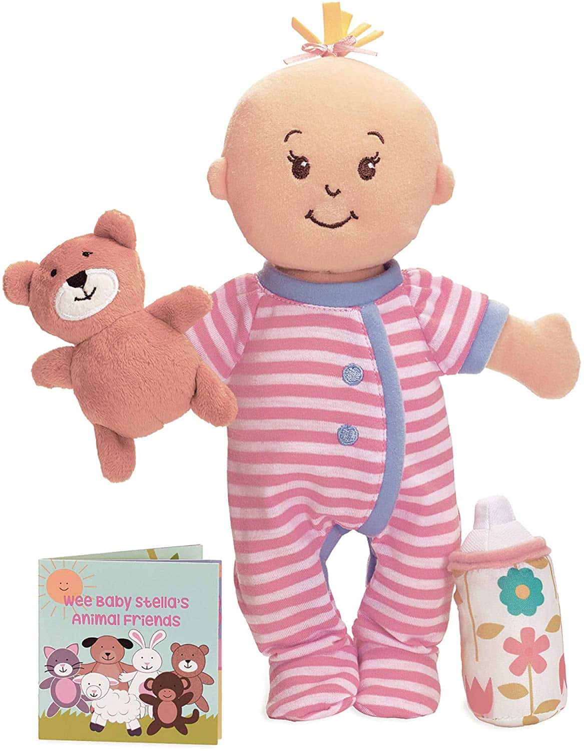 Doll wearing striped pajamas and holding teddy bear