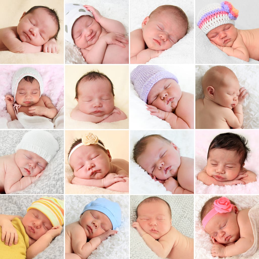 A collage of newborn babies sleeping.