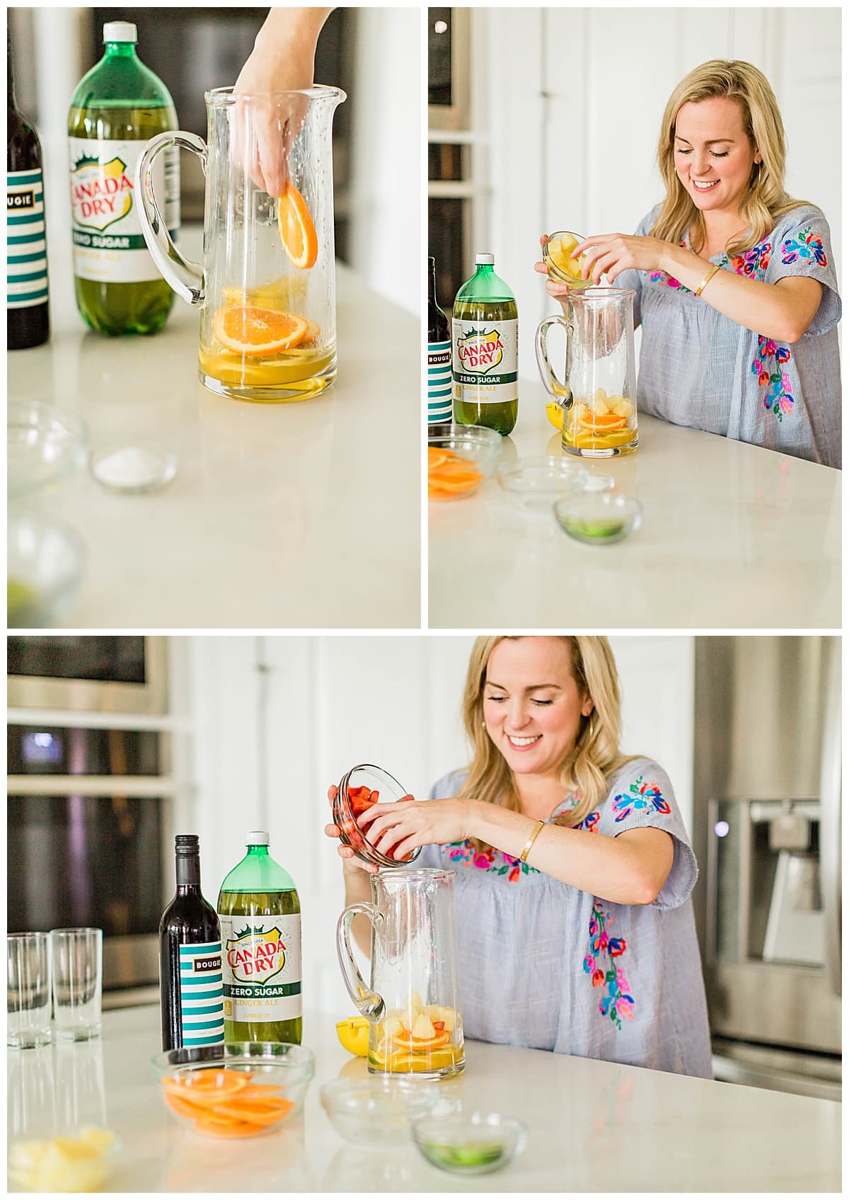 Woman adding fruit inside her glass pitcher.