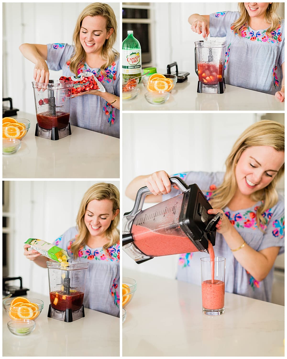 Woman making a frozen sangria in her kitchen.