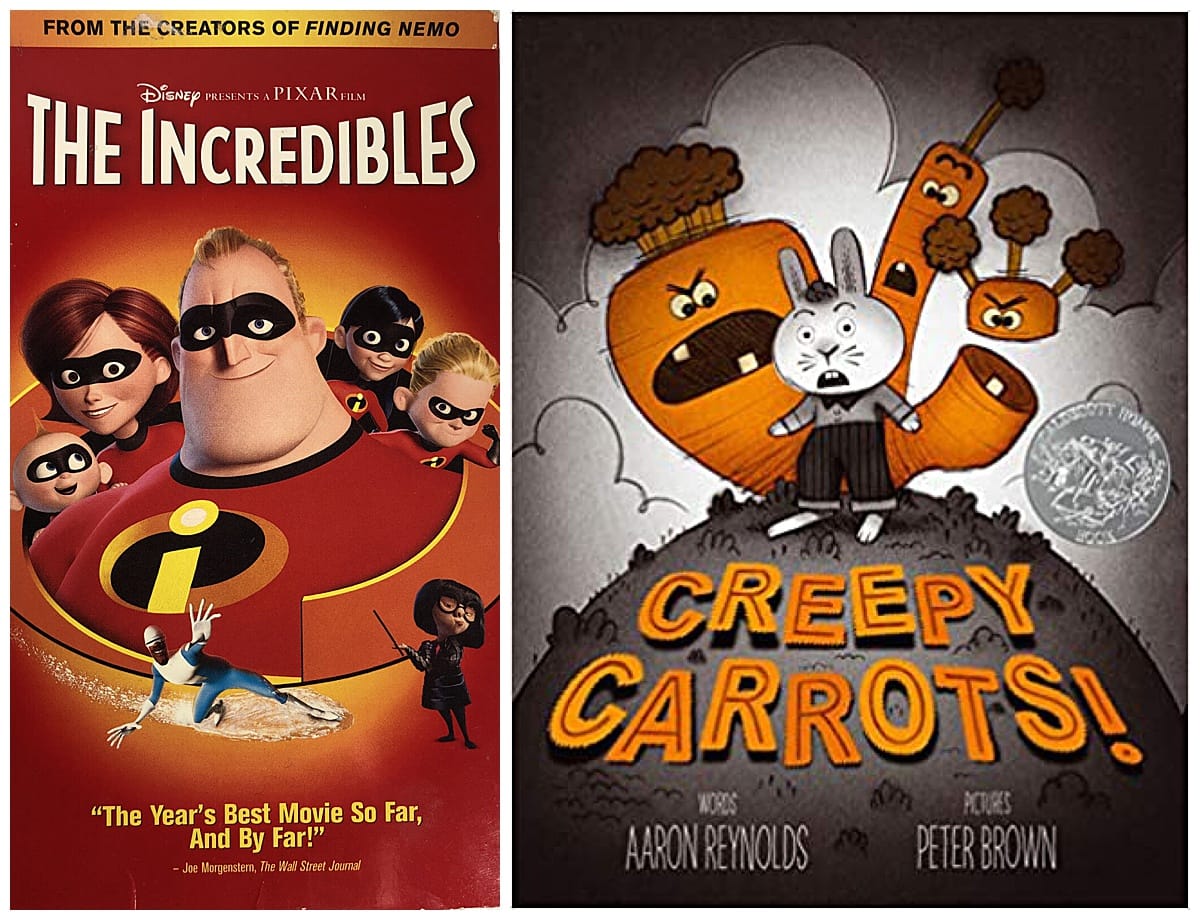 The Incredibles movie and Creepy Carrots book