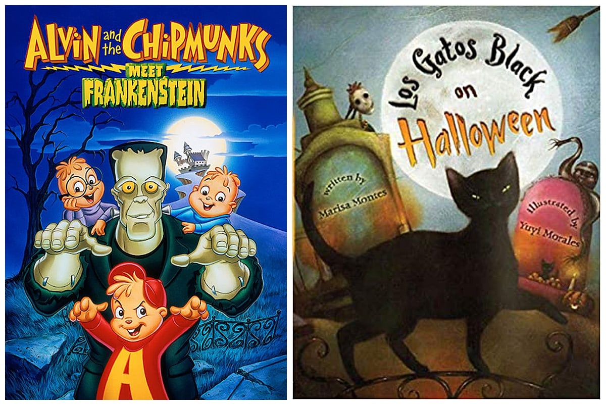 Alvin & The Chipmunks Meet Frankenstein movie and Los Gato Black on Halloween book