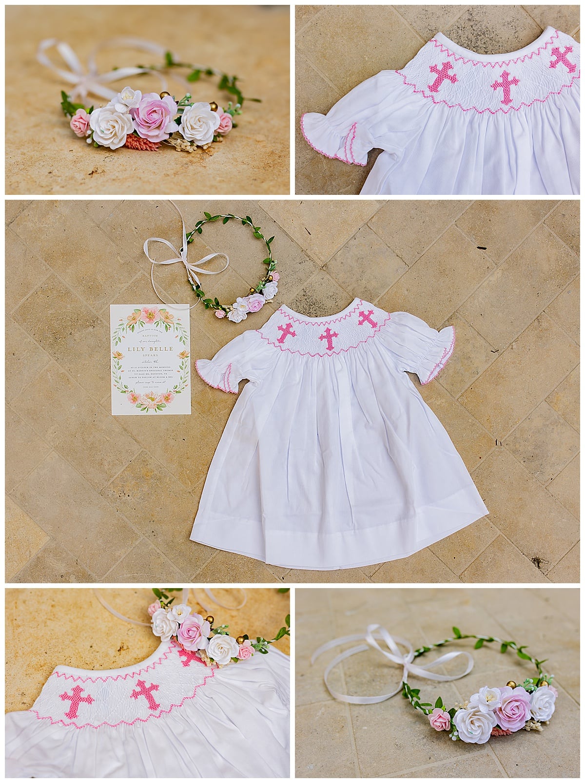 Flower crown, smocked dress with cross design, and invitation