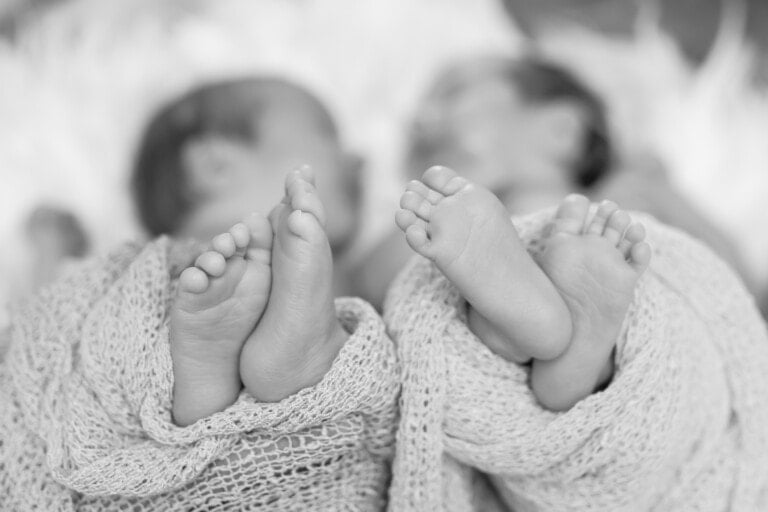 Baby Twins Feet, black and white photo