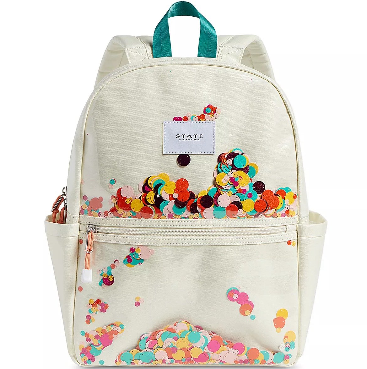 Beige backpack with colorful confetti 