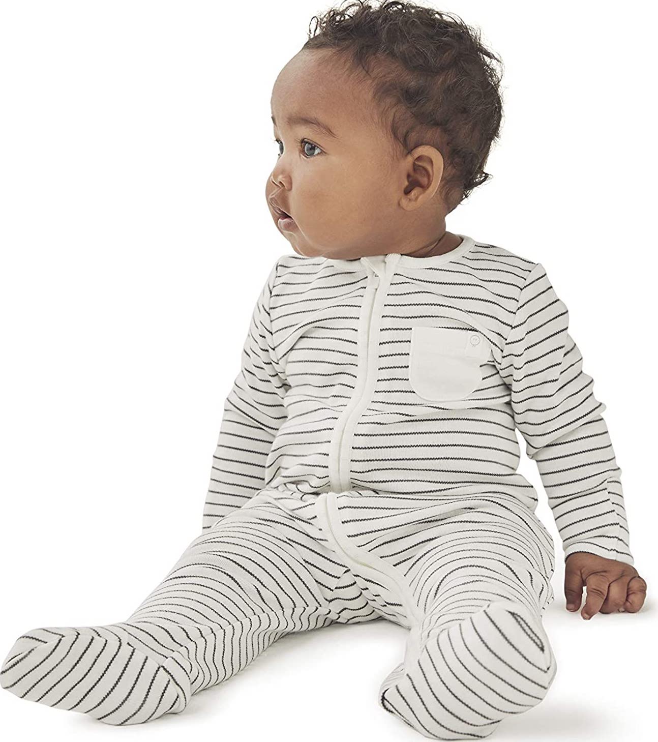 Baby is black and white stripe, zip-up sleep suit with front pocket