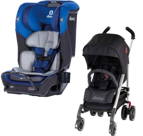 Blue and grey car seat with black stroller 