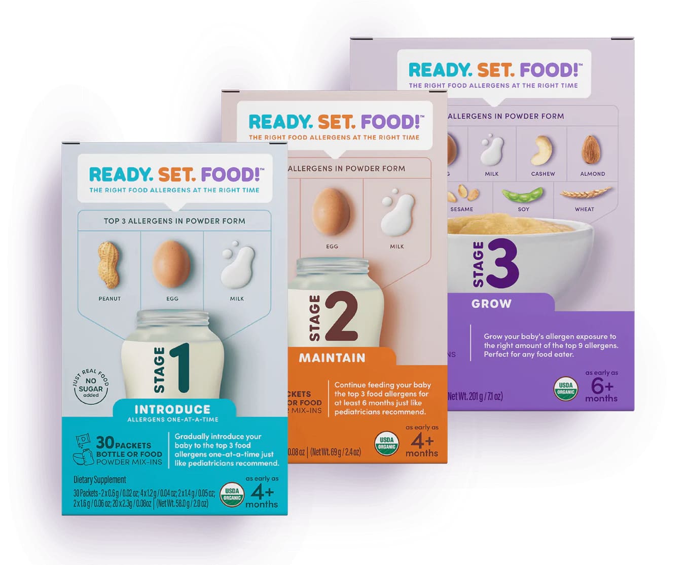 Boxes of stages 1, 2, and 3 for baby foods 
