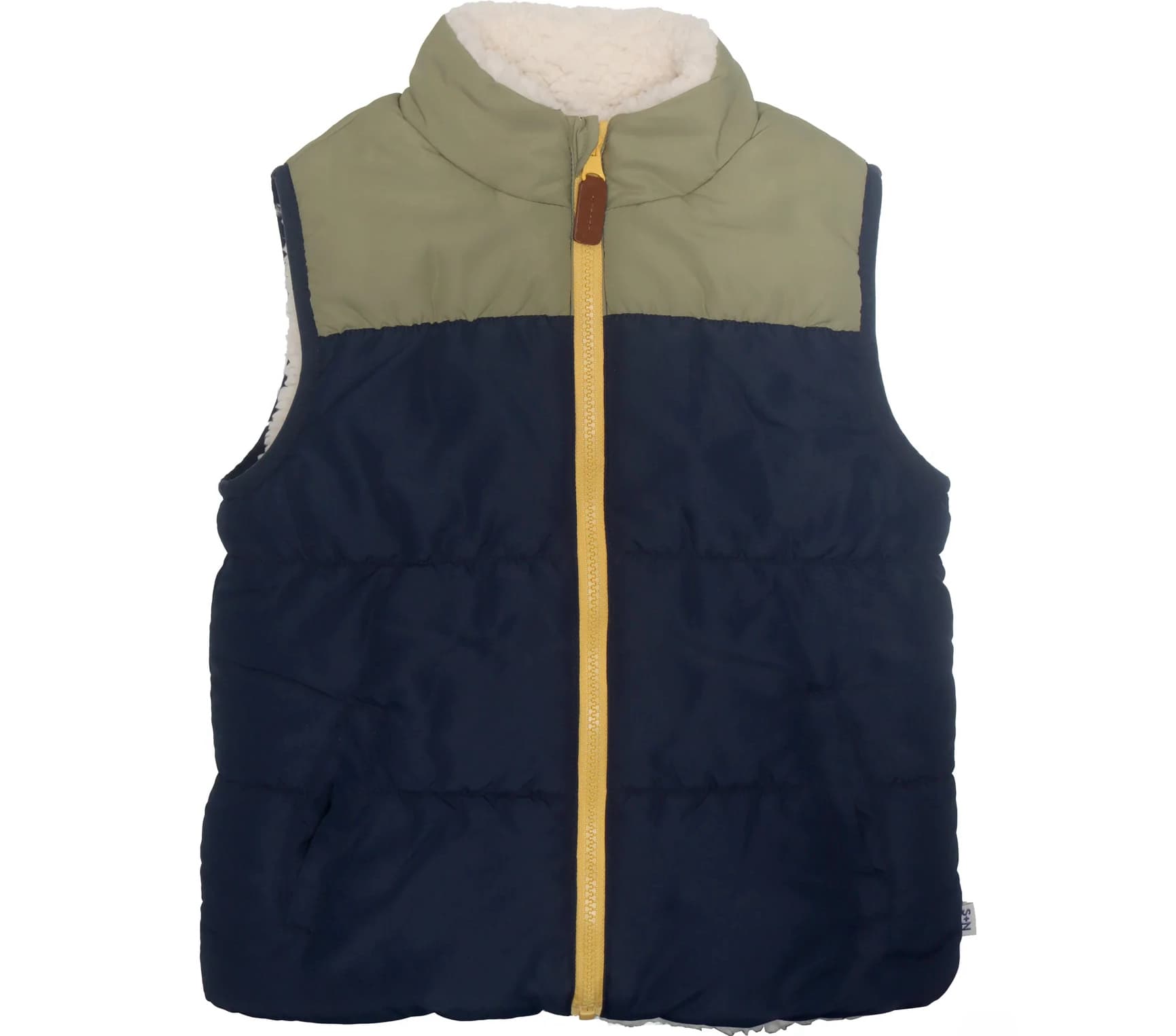 Reversible vest with sherpa lining and a puffer shell in blue and green