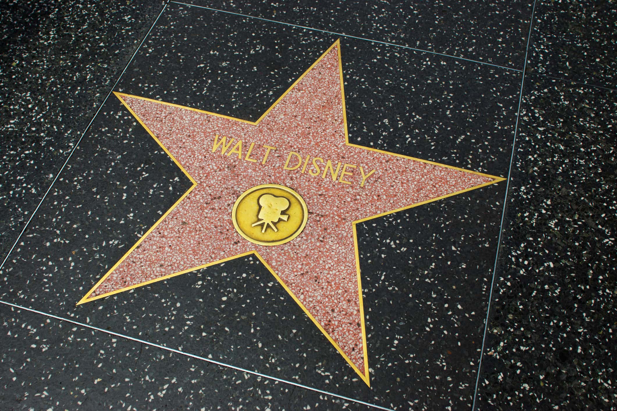 Walt Disney star on Hollywood Walk of Fame in Hollywood, California. This star is located on Hollywood Blvd. and is one of over 2000 celebrity stars embedded in the sidewalk.