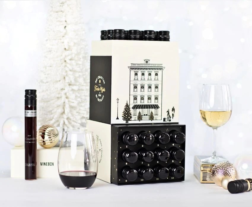 Stacked gift boxes of assorted wines