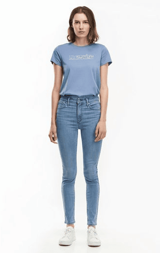 Woman standing in blue jeans and blue t-shirt
