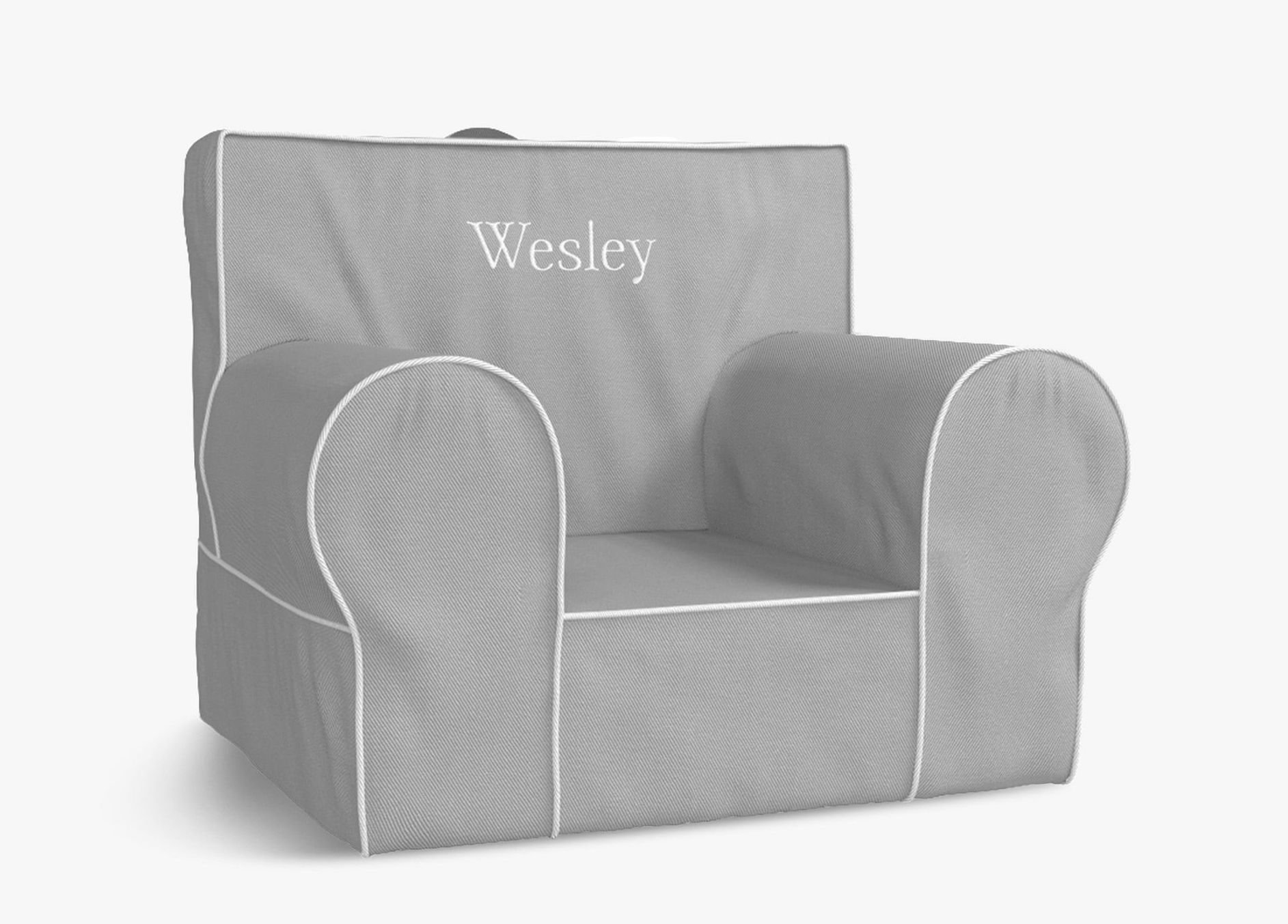 Personalized grey blush armchair for kids from Pottery Barn Kids