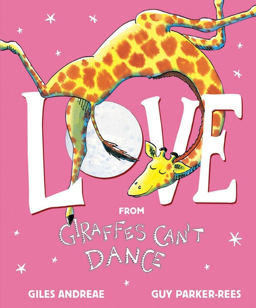A giraffe floating around the word LOVE
