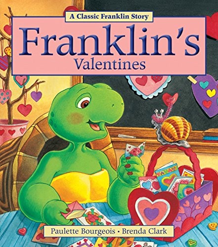 Franklin the turtle looking at a basket of Valentine cards 