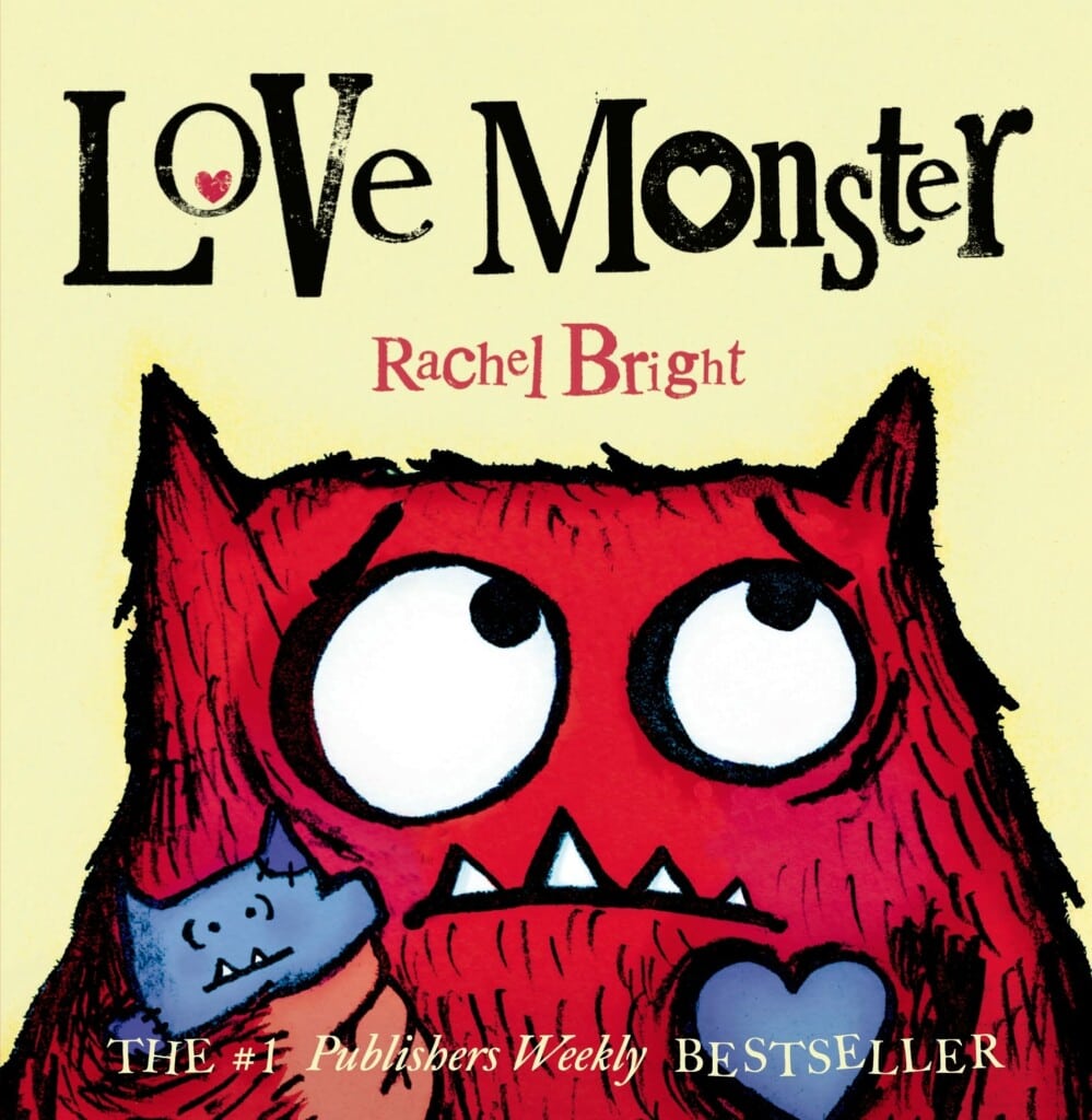 A red fuzzy monster looking up holding a toy and a heart 