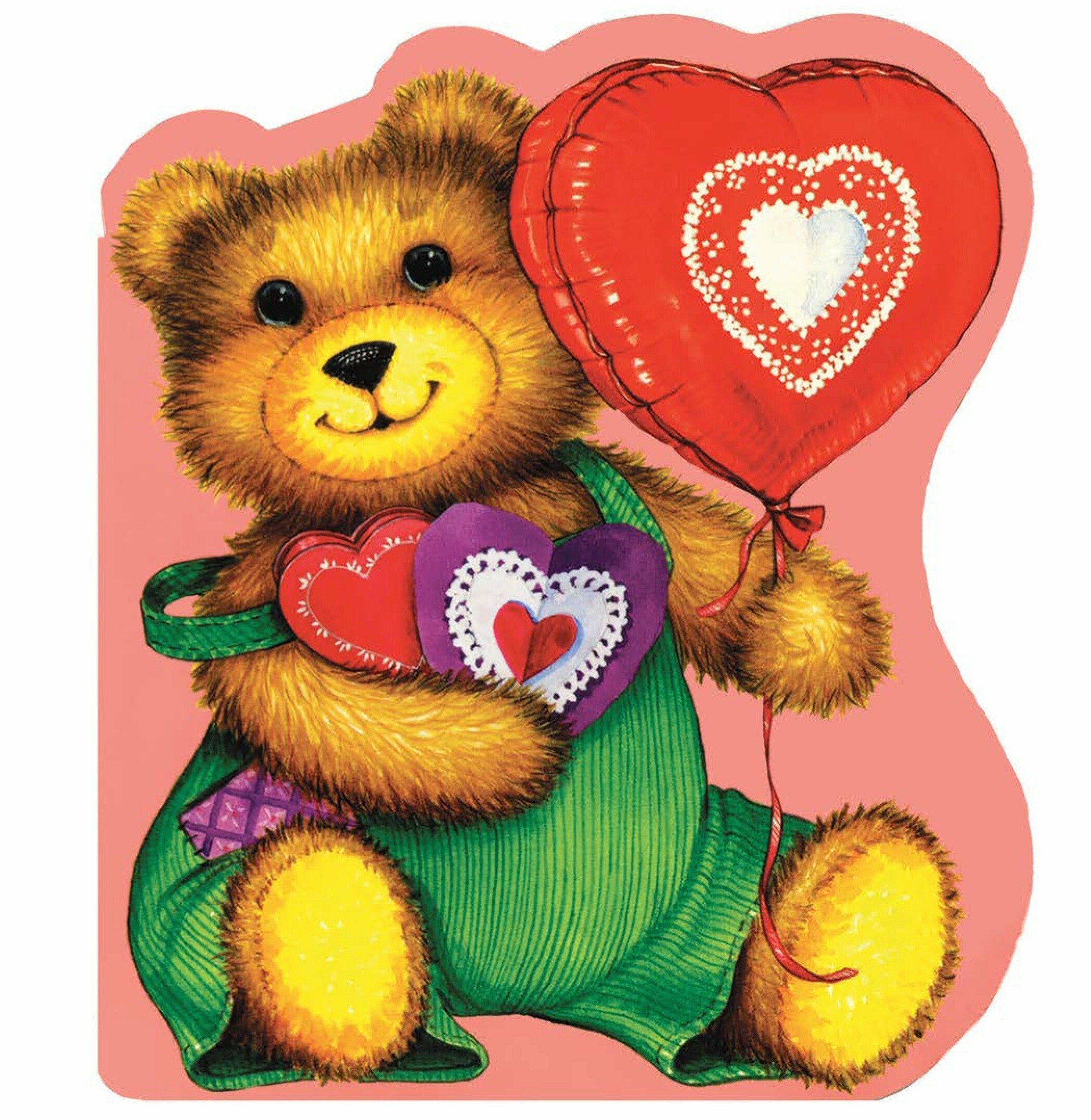 A bear holding a heart balloon and heart cards 
