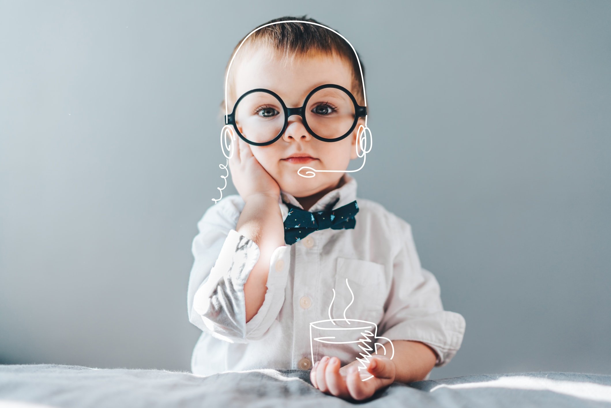 Cute little genius. Baby boy wearing smart outfit and eye glasses working as call center operator answering several people and drinking imaginary coffee.