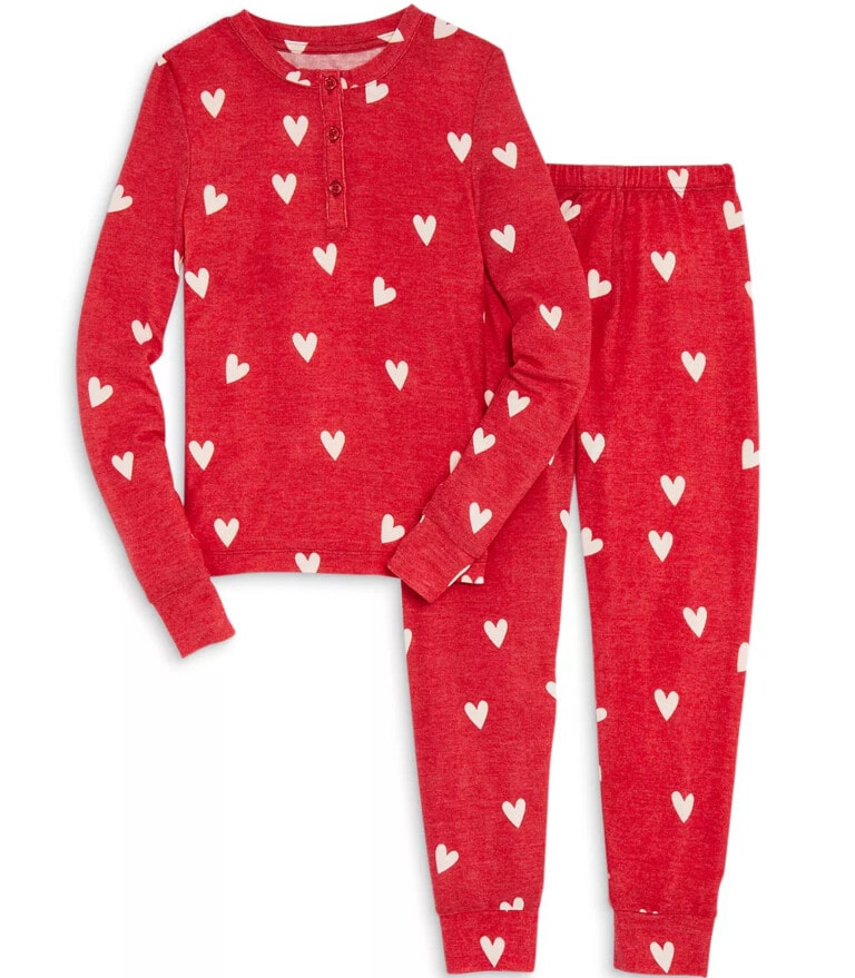 Red matching pajamas with white hearts