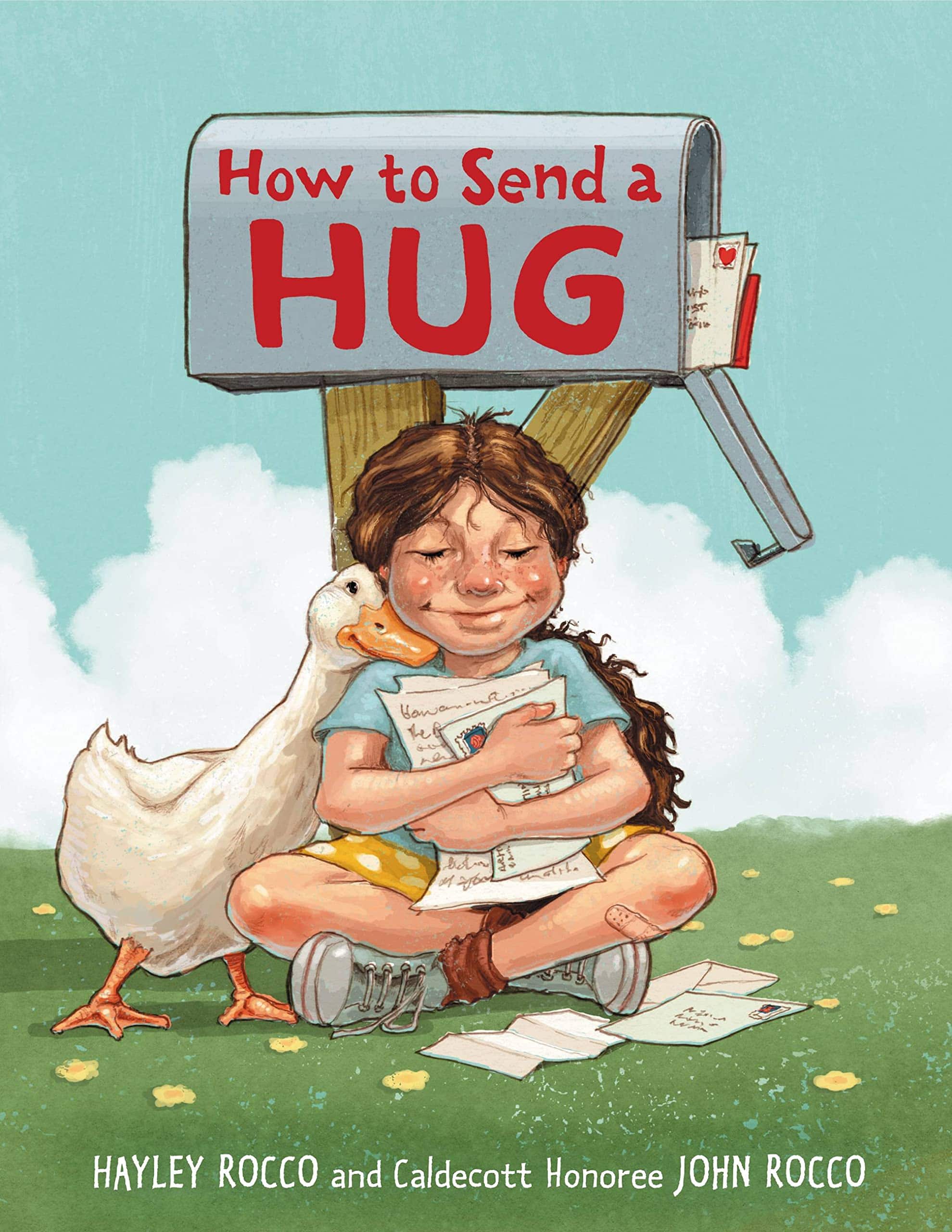 How to Send a Hug book cover with child hugging papers and sitting in front of mailbox with a duck 