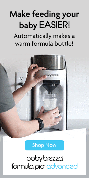 An advertisement for the Baby Brezza Formula Pro Advanced. It shows a person using the machine to prepare a baby formula bottle. The text reads, "Make feeding your baby EASIER! Automatically makes a warm formula bottle!" There is a "Shop Now" button.