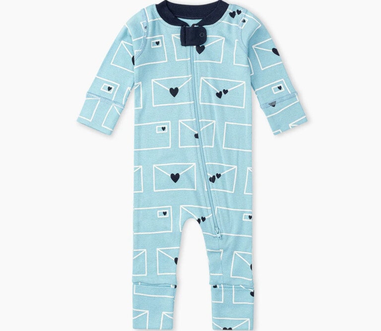 Blue zip-up pajamas with love letters