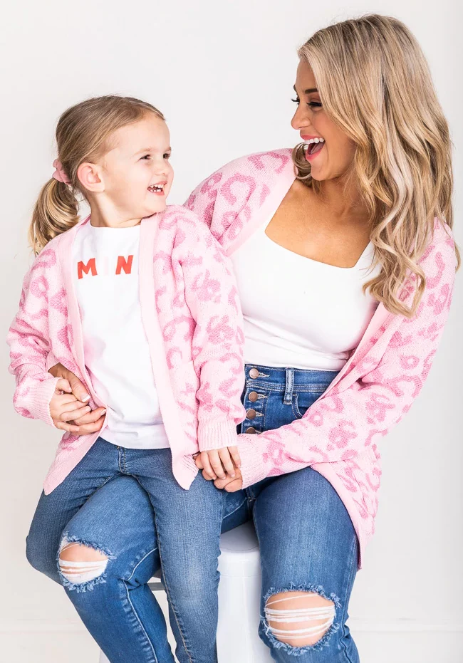 mom and daughter matching pink leopard sweaters