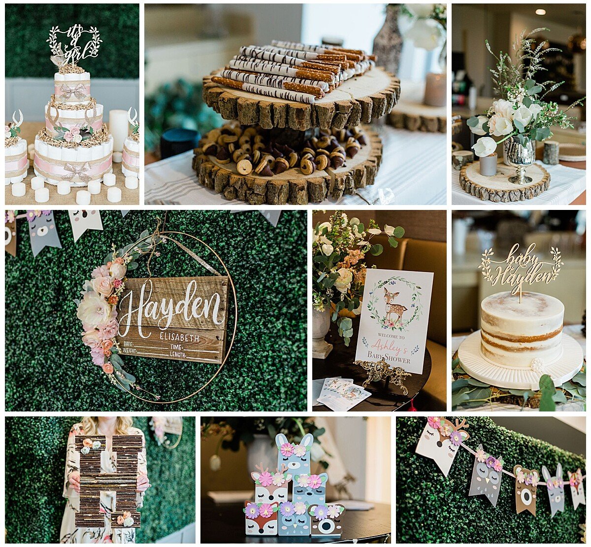 Woodland themed baby shower collage