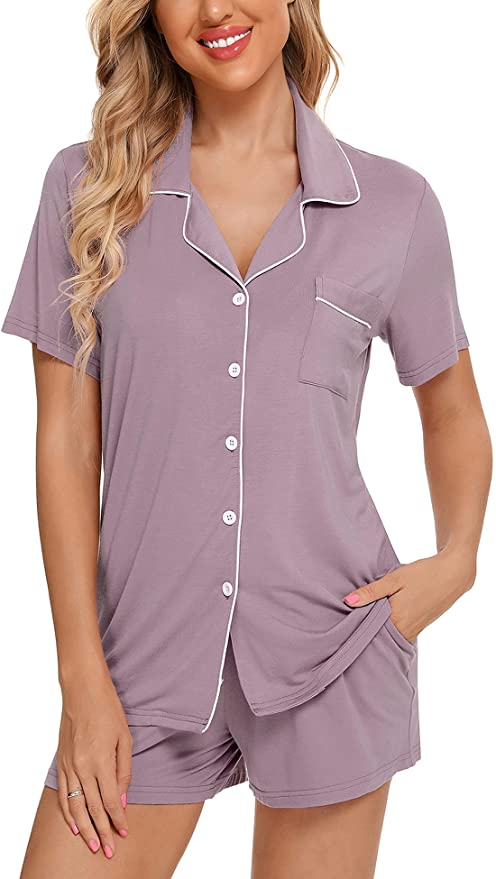 Woman in purple pajama short set