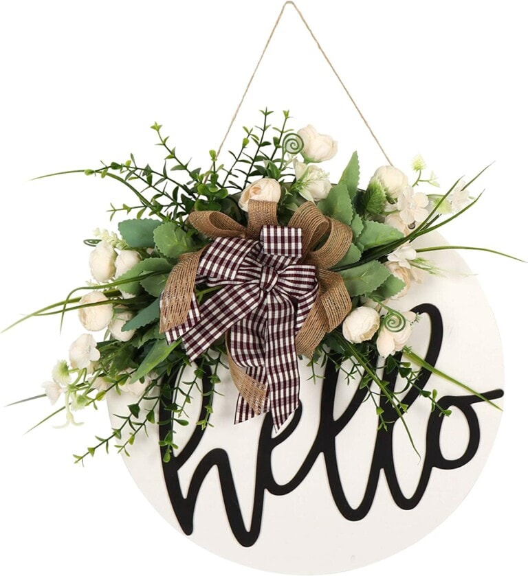 Hello door hanger with faux greenery and checkered ribbon