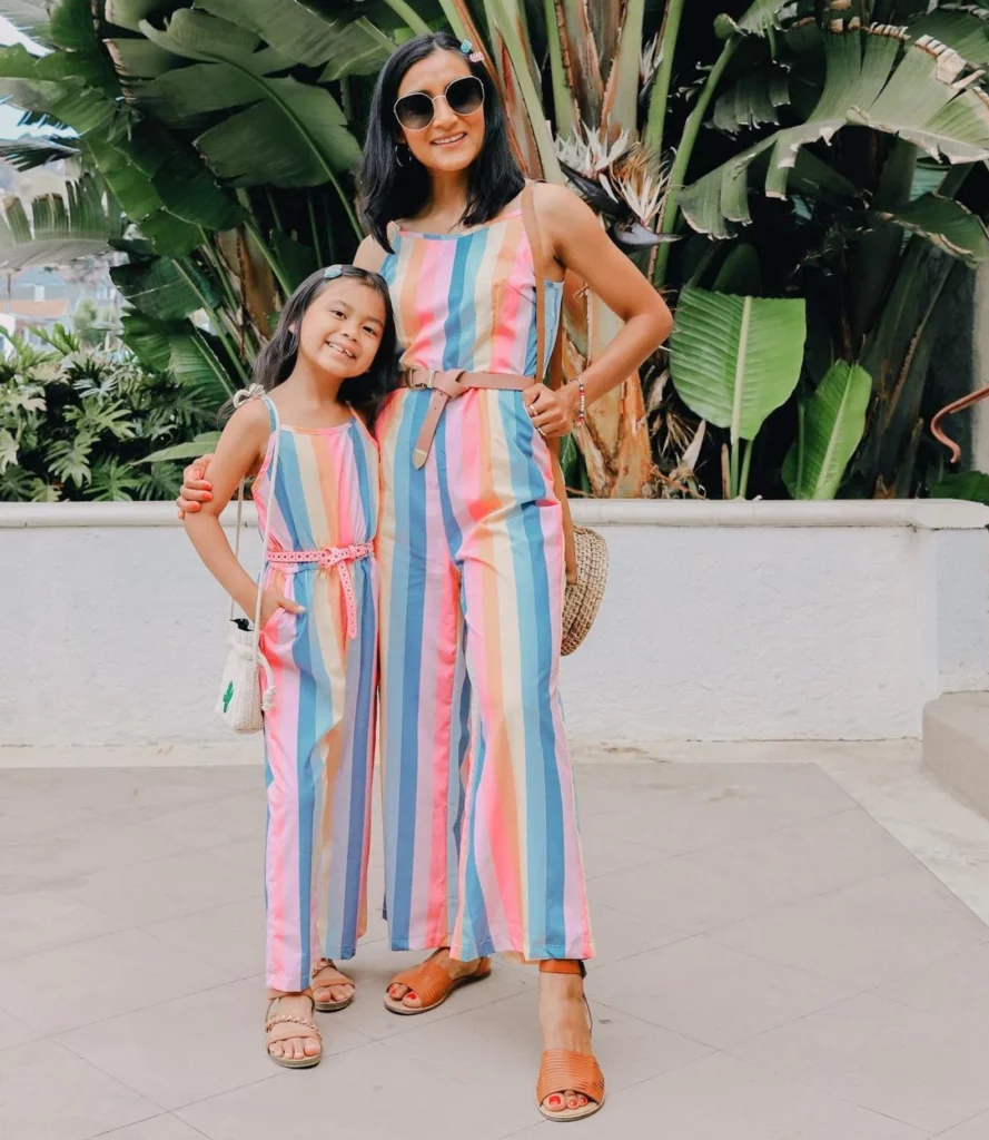 mom and daughter matching stripe jumpsuits