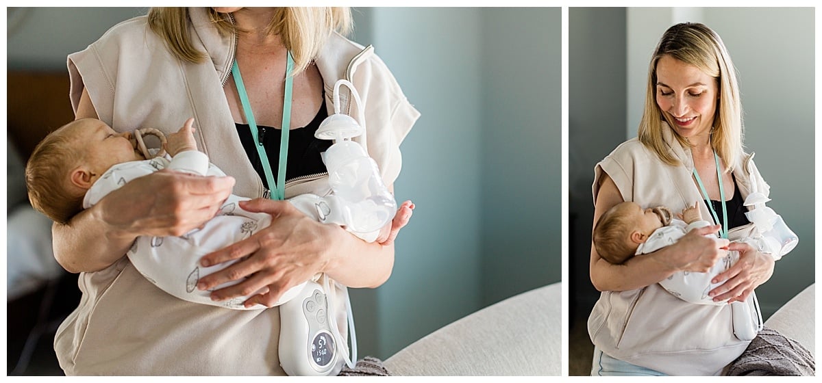 Mom holding her baby and pumping with the Motif Duo breast pump.